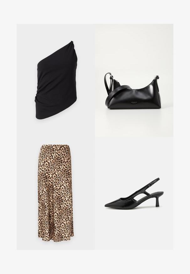 Sort one-shoulder top lavet af blød stof, med draperet detaljer på siden og en glat tekstur samt en asymmetrisk silhuet.; Løleopardprint lang nederdel lavet af glat stof. Tan base med sorte og brune pletter. Udsvingende design med en lige kant.; Sorte slingback hæle med spidse tæer, lavet af blankt materiale, med udskæringsdetaljer og en moderat hæl for støtte.; Sort læderhåndtaske med en glat tekstur. Har en justerbar stropp og et enkelt, minimalistisk design med lynlås.
