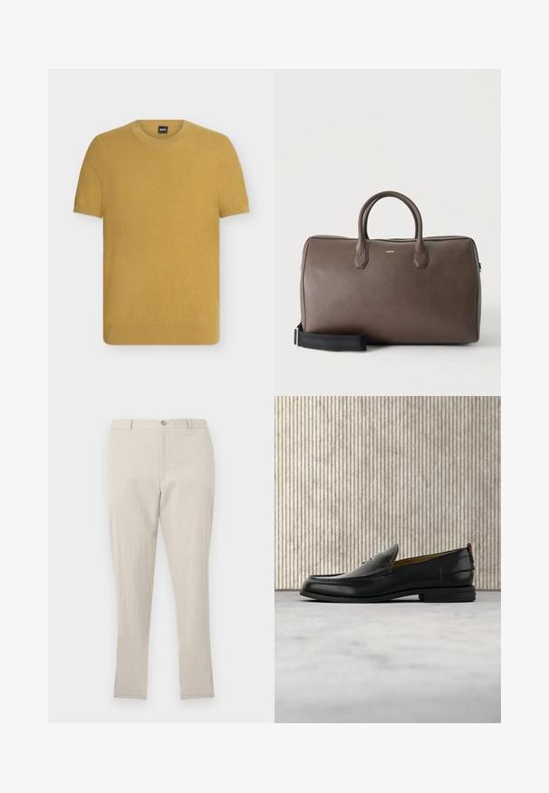 Chemise en maille jaune moutarde à manches courtes, col rond et motif texturé subtil, présentée sur fond blanc.; Pantalon droit texturé beige clair avec passants pour ceinture, fermeture à bouton et zip frontal, présenté sur un fond uni.; Mocassin pour homme en cuir noir avec un dessus embossé effet croco et un petit talon, présenté de profil sur un fond neutre.; Sac de sport en cuir marron avec deux poignées, une bandoulière noire réglable et un petit logo "BOSS" au centre à l'avant.