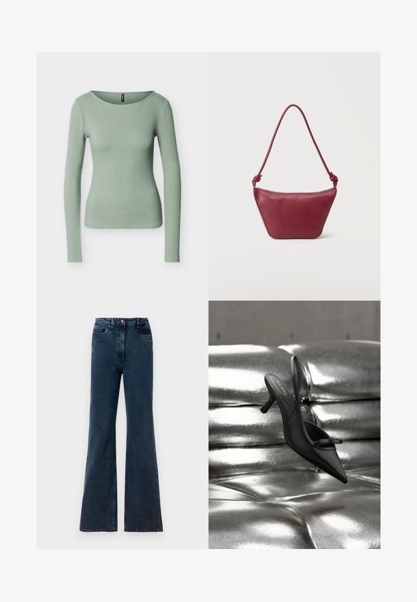 Haut ajusté à manches longues côtelé de couleur vert clair avec un col rond, présenté sur un fond blanc uni.; Jean large taille haute bleu foncé avec poches frontales, passants de ceinture et fermeture à bouton.; Chaussure à talon noire à bout pointu et bride arrière, avec un petit nœud, reposant sur un revêtement en cuir argenté brillant matelassé.; Petit sac à bandoulière en cuir marron foncé avec bandoulière nouée et fermeture éclair supérieure, sur un fond clair uni.