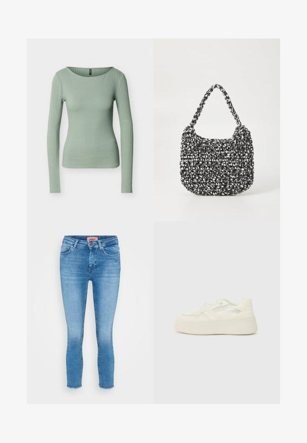 Lysegrøn ribstrikket, tætsiddende top med lange ærmer og rund halsudskæring, vist på en ensfarvet hvid baggrund.; Lyseblå denim skinny jeans med mellemhøj talje, fem-lommers design og rå kantdetalje ved anklerne. Mærkeetiket synlig ved taljen.; Hvide platform sneakers med en glat læderoverdel, syede detaljer og metalliske sidestænger. Rund tå og flad gummisål.; Vævet håndtaske i sort og hvid med en rund form, tekstureret overflade og et fletet håndtag. Velegnet til afslappet brug.