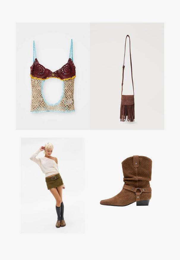 Blonder bralette med bordeaux kopper, gule detaljer og en beige hæklede krop. Har en nøglehul åbning og lyseblå stropper.; Kvinde med kort blond hår iført en cremefarvet off-shoulder sweater, grøn mini-nederdel med bælte, knæhøje grå sokker og brune klipklappere, der poserer.; Brun ruskindsankelstøvle med perforeret overdel, slasket skaft, flettet rem, sølv hardware og lav stakket hæl.; Brun ruskind crossbody taske med lang rem, syet dekorativt mønster på klappen og hængende frynsetassels langs nederste kant.