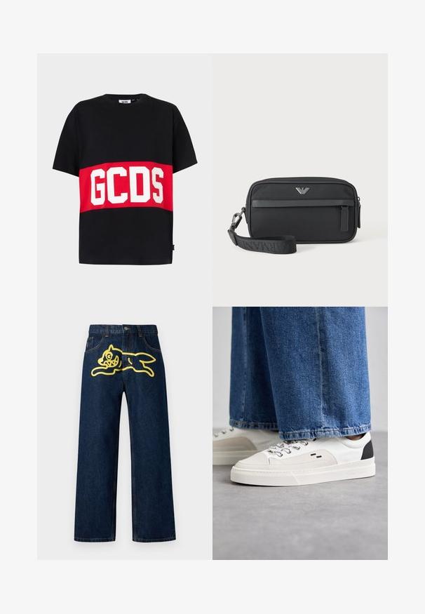 Zwart T-shirt met korte mouwen en een brede rode horizontale streep over de borst, met grote witte letters "GCDS".; Donkerblauwe spijkerbroek met een grote gele afbeelding van een springend karakter op de achterzak. Rechte pijpen met standaard stiksels.; Witte en zwarte sneakers met een glad leren bovenwerk, textuuraccenten en een chunky witte zool. Heeft een klassiek vetersluiting ontwerp.; Zwarte rechthoekige polstas met voorvak met rits, zilveren logo-embleem en afneembare band met merktekst.
