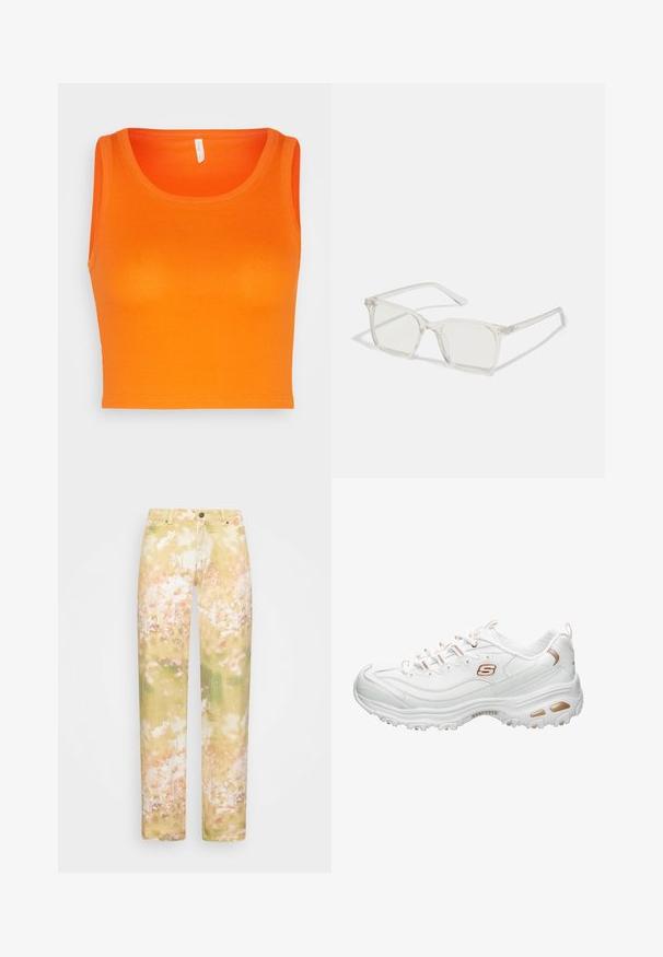 ONLY ONLKENYA CROPPED - Topp - flame; Jaded London BOYFRIEND FIT WITH SEQUIN - Sirgete säärtega teksad - multi; Valge sportking, mis on valmistatud siledast sünteetilisest materjalist. Omab tekstuurses aktsentides, metallkuldses detailis, paeltega sulgemises ja pehmendatud tallas.; Selge plastmassist ruudukujulised prilliraamid koos läbipaistvate läätsedega, millel on kuldsed aktsendid templitel, et lisada detaile.