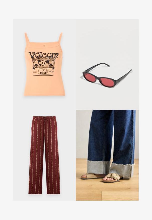 Débardeur pêche à fines bretelles avec imprimé graphique noir de la marque "Volcom" et divers motifs incluant des crânes et des formes.; Pantalon bordeaux à cordon de serrage avec rayures florales jaunes verticales, taille élastique et coupe droite sur fond blanc.; Des pieds portant des sandales Birkenstock beiges avec des boucles dorées, associées à un jean en denim bleu foncé retroussé aux chevilles, posés sur un sol en bois.; Lunettes de soleil ovales noires avec des branches fines et des verres teintés rouges posées sur une surface blanche.