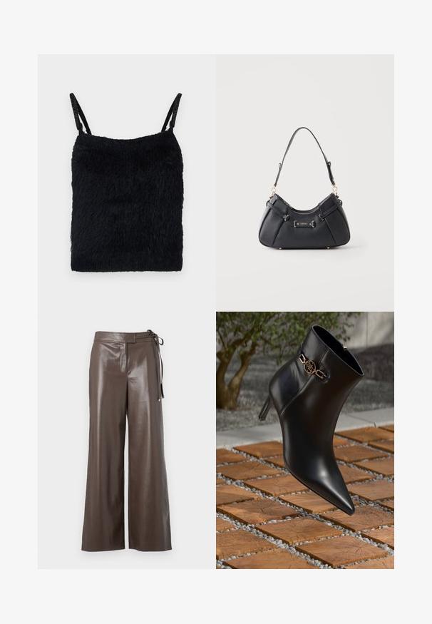 Zwarte fuzzy stof top met dunne bandjes. Textuur oppervlak, vierkante vorm en lichtgewicht ontwerp. Eenvoudige, monochromatische kleurencombinatie.; Bordeaux faux leren wijdere schoenen met hoge taille en zijstrikdetail op een witte achtergrond.; Zwarte leren enkellaars met spitse neus en een kleine hak. Bevat een gouden kettingaccent bij de enkel. Omringd door een gestructureerd stenen oppervlak.; Zwarte leren schoudertas met goudkleurige hardware en Guess-logo, met een enkele band en ritssluiting aan de bovenkant.