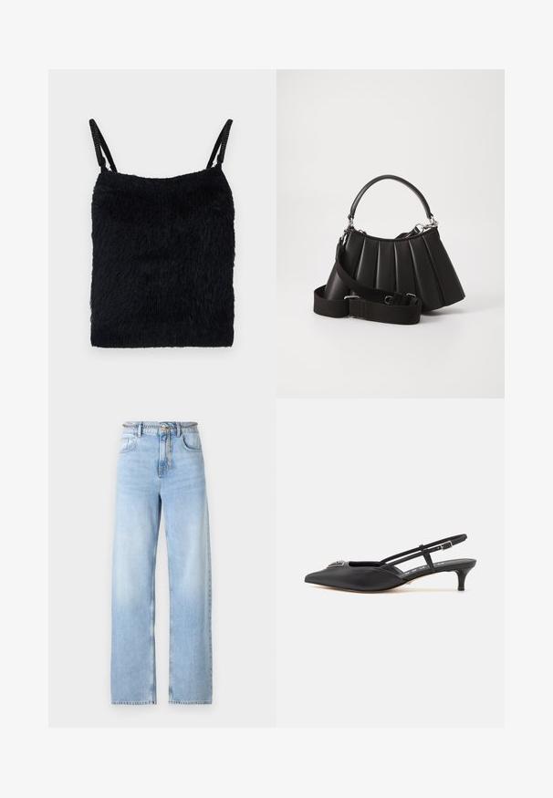 Sort fuzzy stof top med tynde stropper. Tekstureret overflade, firkantet form og let design. Enkel, monokrom farveskema.; Lysblå vide jeans lavet af denim, med højt liv, forlommer og en kædebælteaccent. Glat tekstur med let falming.; Sorte slingback-sko med spids tå, lavet af glat materiale, med en lille hæl og en dekorativ sølvaccent på vamps.; Sort plisseret handbag med et rundet håndtag, justerbar rem og blank overflade. Har sølvfarvet hardware og en struktureret silhuet.