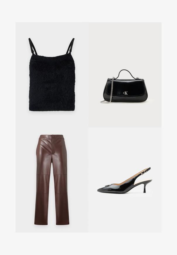 Top de tela negra suave con tirantes finos. Superficie texturizada, forma cuadrada y diseño ligero. Esquema de color simple y monocromático.; Pantalones de imitación cuero marrón con corte recto y textura suave. Presentan un cierre frontal con cremallera y botón, complementado con costuras en tono.; Tacón slingback de charol negro con puntera puntiaguda, tacón pequeño tipo kitten y correa con hebilla plateada sobre un fondo blanco liso.; Bolso de mano de cuero negro con correa de cadena, forma estructurada y un acento de logo plateado. Textura suave con cierre de solapa.