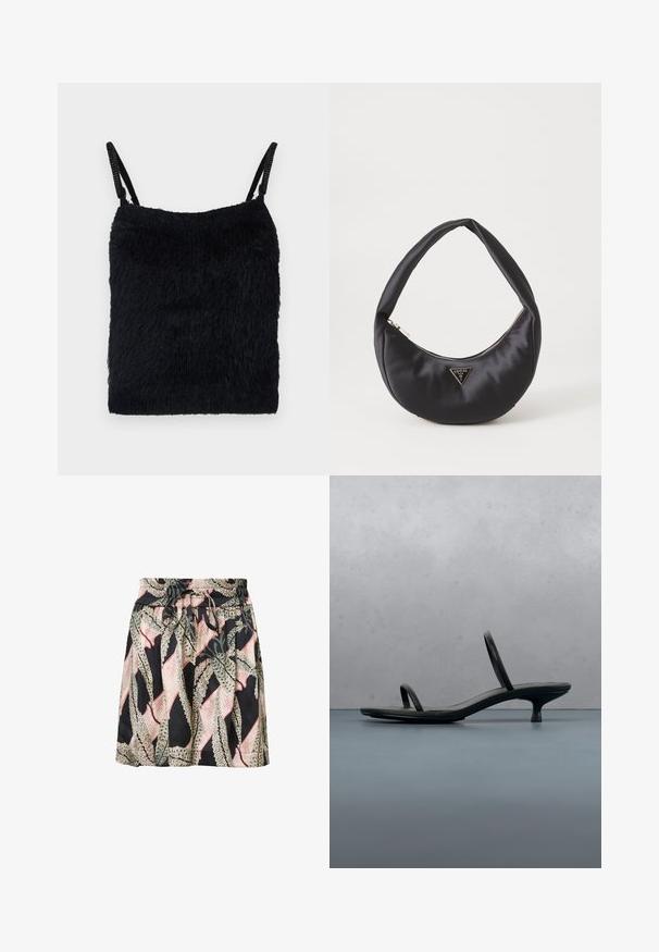 Sort fuzzy stof top med tynde stropper. Tekstureret overflade, firkantet form og let design. Enkel, monokrom farveskema.; Blomsterprint nederdel med sort baggrund, elastisk talje, snor detalje og en let, glat tekstur.; Sort Calvin Klein sandal med hæl og tynde stropper, balancerende på træfliser udendørs nær en væg og grønne planter.; Sort satin håndtaske med en buet form, der har en lynlåslukning og et trekantet logo i metal på forsiden. Glat tekstur og slankt design.