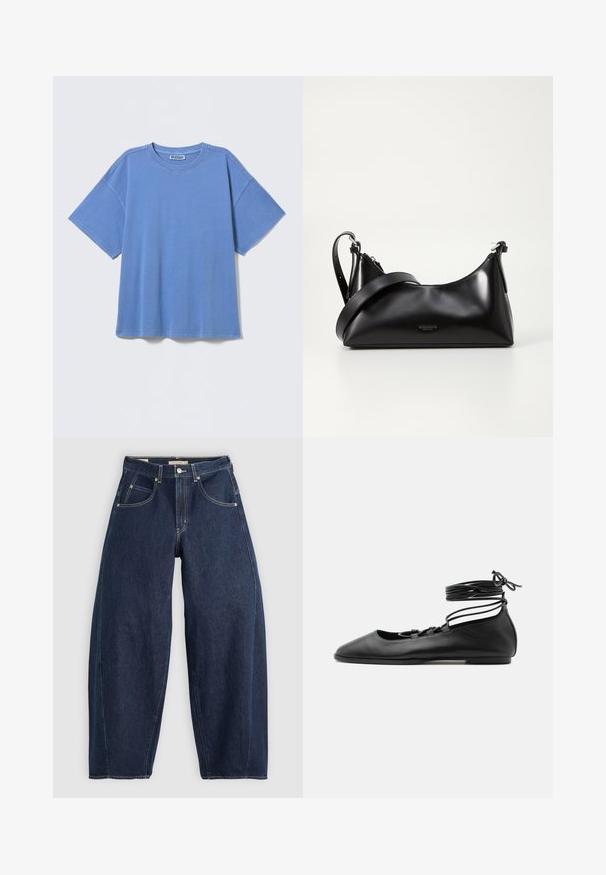 Blå oversized T-shirt i kortærmet bomuld med rund hals og synlige sømme, mærket "WEEKDAY" inde i kraven.; Mørkeblå denim jeans med løs pasform, lyse syninger, fem lommer og en knaplukning ved taljen.; Sort læder flad balletsko med spids tå, flere tynde stropper over toppen og snørebånd viklet rundt om anklen.; Sort læderhåndtaske med en glat tekstur. Har en justerbar stropp og et enkelt, minimalistisk design med lynlås.