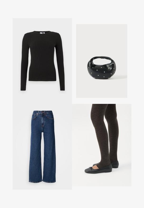 Pull noir côtelé à manches longues avec col rond, silhouette ajustée et étiquette de la marque GAP à l'intérieur du col.; Jean à jambes larges en denim bleu foncé. Taille haute avec fermeture à boutons, comprenant cinq poches et une finition nette aux ourlets.; Jambes portant des leggings côtelés foncés associés à des ballerines noires avec de petits détails en nœud sur fond blanc.; Sac à main en cuir noir de forme arrondie, décoré de clous argentés et équipé d'une poignée courte. Texture lisse et fermeture éclair.