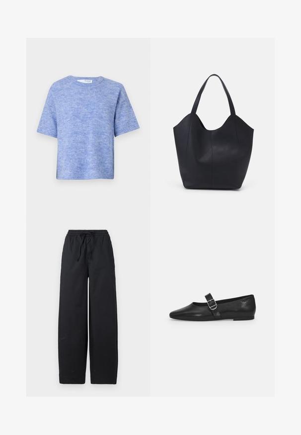 Suéter corto de manga corta en azul claro, hecho de una tela suave y texturada. Presenta un escote redondo y un corte relajado, con un detalle mínimo.; Pantalones de pierna ancha negros, hechos de una tela suave, que presentan una cintura elástica con cordón y sin patrones ni acentos visibles.; Zapato plano de cuero negro con punta redondeada, una sola correa ajustable con hebilla y una textura suave y brillante. Diseño minimalista con un tacón bajo.; Bolso tote negro fabricado en cuero liso, con un diseño minimalista que presenta un borde superior curvado y dos asas para el hombro.
