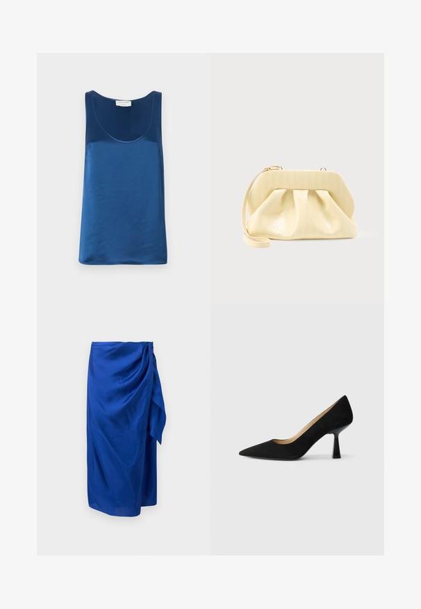 Débardeur en satin bleu avec un col rond et de larges bretelles, texture lisse et coupe décontractée.; Jupe midi bleue avec un détail de nouage drapé sur le côté et un tissu lisse et fluide, présentée sur un fond uni.; Pompe à talons hauts en suède noir avec un bout pointu, dotée d'un talon bloc noir brillant et d'une doublure intérieure lisse.; Pochette en cuir couleur crème avec un cadre supérieur structuré et une lanière pour poignet, présentée sur un fond clair uni.
