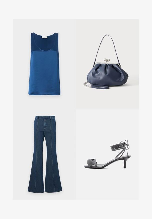 Blaues Satin-Top mit runder Ausschnittform und breiten Schulterträgern, glatter Textur und lässiger Passform.; Dunkelblaue, ausgestellte Denim-Hosen mit strukturierten Nähten und einem sauberen Finish. Verfügt über einen mittelhohen Bund und weite, fließende Beine.; Graue Leder-Pumps mit Absatz, verknotetem Riemen über den Zehen und Wickelriemen um den Knöchel auf schlankem, mittelhohem Absatz vor weißem Hintergrund.; Weiche navyblaue Ledertasche mit silberner Verschlussklammer, einem einzelnen Schulterriemen und abnehmbarem Ketten-Handgelenksriemen auf weißem Hintergrund.