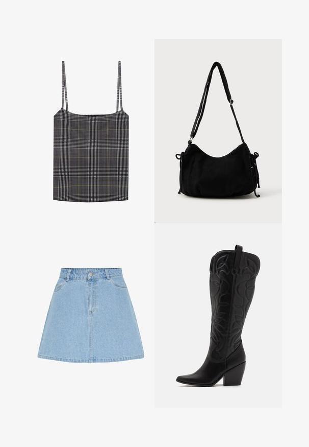 Zwart-wit geruite tanktop met dunne bandjes, voorzien van een textuurstof en gele accentlijnen door het patroon.; Lichtblauwe denim A-lijn rok met vooraan knopen en rits, ceintuurlussen en twee voorzakken.; Zwarte leren kniehoge laarzen met puntige neus en gestapelde hak. Voorzien van decoratief stiksel en gebogen designelementen.; Zwarte corduroy schoudertas met een gebogen vorm, een verstelbare schouderband en trekkoordsluitingen aan beide zijkanten voor maataanpassing.