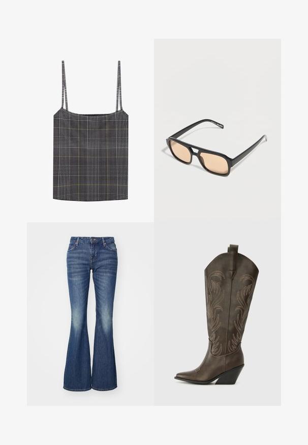 Débardeur écossais noir et blanc à fines bretelles, avec un tissu texturé et des lignes d'accent jaune dans tout le motif.; Jean bleu évasé en denim avec un effet délavé, présentant des poches classiques et une fermeture à un bouton.; Botte de cowboy en cuir marron avec un embout pointu, un talon compensé et des broderies décoratives. Dispose d'un long tige et d'une languette de tirage.; Lunettes de soleil rectangulaires noires avec des verres fins teintés beige et un pont en forme de trou de serrure, marquées ALDO sur la branche.