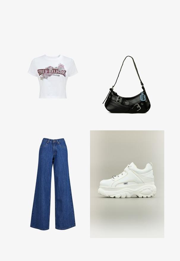 Weißes Cropped-T-Shirt mit kurzen Ärmeln, versehen mit dem Text "True Religion Brand Jeans" und floralen Designs in Rot, Pink und Grün auf der Vorderseite.; Weite Jeans aus Denim in mittelblau, mit hoher Taille, kontrastierenden Nähten und klassischem Fünf-Taschen-Design.; Weißer Plateausneaker mit dicker klobiger Sohle, Schnürung vorne und Buffalo-Markenlogo an der Seite, von der Außenseite gezeigt.; Schwarze synthetische Handtasche mit geschwungener Form, verstellbarem Riemen und dekorativen Metall-Schnallen. Besitzt eine glatte, glänzende Textur.