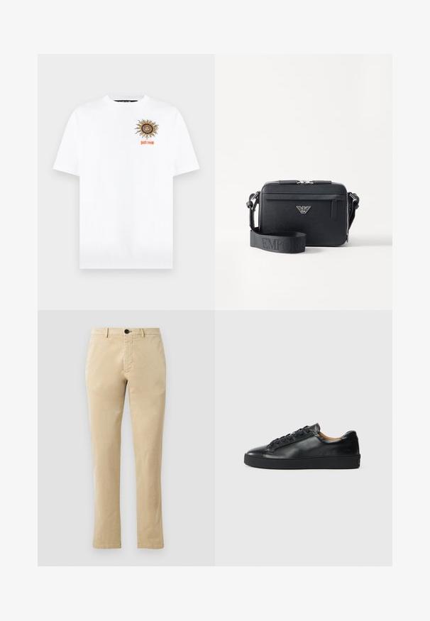 Hvid t-shirt med korte ærmer, med en solgrafik og teksten "just cavalli" i orange på den øverste venstre brystdel.; Beige bomulds chinos med lige ben, der har en front knaplukning og diskrete syninger. Glat tekstur og uden mønstre.; Sorte lædersneakers med en glat overflade, rund tå og snørebåndslukning. Har en tyk gummisål og minimal branddetalje.; Sort crossbody taske lavet af tekstureret materiale. Har en lynlåslukning, en frontlomme med lynlås og en metallogo akcent. Inkluderer justerbar rem.
