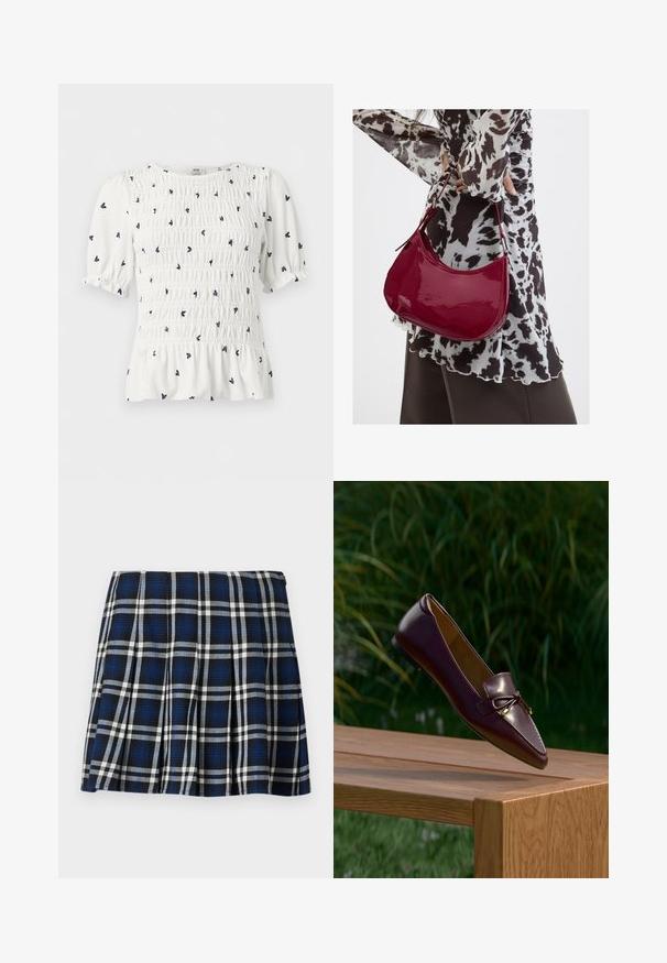 Witte blouse met korte mouwen, met een zwarte kleine bloemenprint, geplooide lijfje, opgeblazen mouwen en gerimpelde zoom.; Geruite mini-jurk in marineblauw, zwart en wit. Beschikt over plooien en een gladde textuur. Ritsluiting aan de zijkant.; Bruine leren loafer met strikdetail drijvend boven een houten bankje, groene bladeren wazig op de achtergrond.; Vrouw met een zwart-wit gebloemde blouse houdt een glanzende rode schoudertas vast tegen een effen achtergrond.