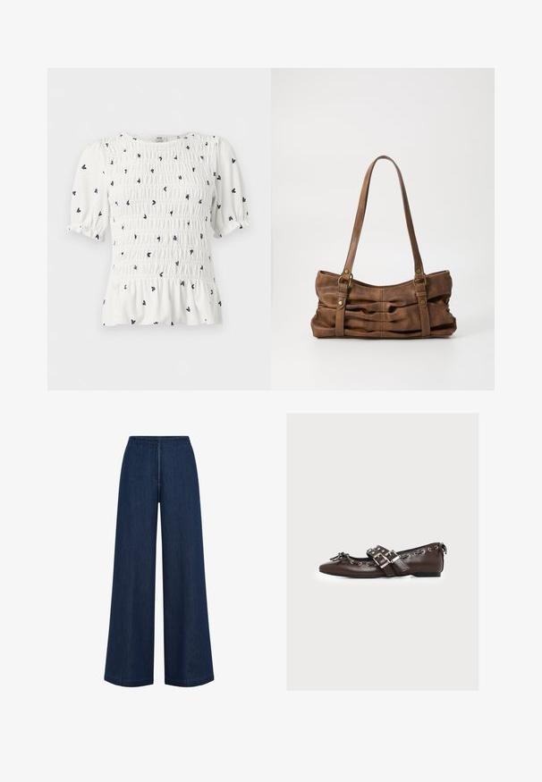 Weiße kurzärmelige Bluse mit schwarzem kleinen Blumenmuster, gerafftem Oberteil, gepufften Ärmeln und gerüschtem Saum.; Weite, dunkelblaue Jeans mit geradem Schnitt, aus Denim gefertigt. Verfügt über einen hohen Bund und subtile Nahtdetails. Keine sichtbaren Metallteile.; Dunkelbrauner Lederschuh mit flacher Sohle, spitzer Schuhspitze, dekorativer Schleife, silbernen Schnallen und Metallösen an den Rändern.; Even&Odd Handtasche - brown