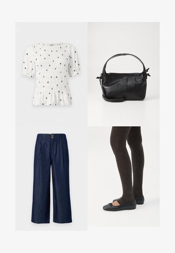 Blouse blanche à manches courtes avec petit imprimé floral noir, corsage smocké, manches bouffantes et détail bas volanté.; Pantalon en denim à jambes larges bleu foncé avec fermeture à deux boutons à l'avant, doté de plis, d'une texture lisse et d'un ourlet droit.; Jambes portant des leggings côtelés foncés associés à des ballerines noires avec de petits détails en nœud sur fond blanc.; Sac à main en cuir noir au design structuré, avec une poignée arrondie et une bandoulière amovible. Présente une texture lisse et un éclat subtil.