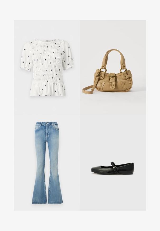Blouse blanche à manches courtes avec petit imprimé floral noir, corsage smocké, manches bouffantes et détail bas volanté.; Jean en denim bleu clair taille haute avec jambes larges évasées, boutonnage avant, fermeture éclair et design à cinq poches.; Ballerines en cuir noir avec un bout arrondi, une semelle plate et une fine sangle ajustable sur le cou-de-pied avec une boucle en métal.; Sac à main en cuir beige avec double poignées, boucle en laiton et détails rivetés, ainsi qu'une bandoulière réglable sur fond blanc.