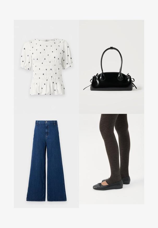 Witte blouse met korte mouwen, met een zwarte kleine bloemenprint, geplooide lijfje, opgeblazen mouwen en gerimpelde zoom.; Replay PANTS - Straight leg jeans - dark blue; Benen met donkere geribbelde leggings gecombineerd met zwarte ballerina's met kleine strikdetails op een witte achtergrond.; Kleine zwarte glanzende handtas met twee lange hengsels en zijkant trekkoord details op een effen lichte achtergrond.