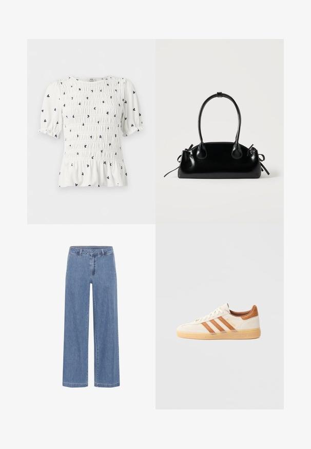 Witte blouse met korte mouwen, met een zwarte kleine bloemenprint, geplooide lijfje, opgeblazen mouwen en gerimpelde zoom.; My Essential Wardrobe MWSOFFI WIDE - Wijde jeans - medium blue wash; Witte suède sneaker met lichtbruine mesh accenten en drie bruine strepen. Heeft een gestructureerde rubberen zool en "SPEZIAL" branding aan de zijkant.; Kleine zwarte glanzende handtas met twee lange hengsels en zijkant trekkoord details op een effen lichte achtergrond.