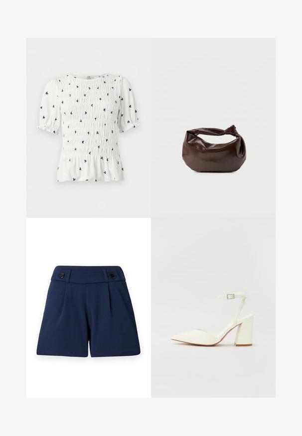Blouse blanche à manches courtes avec petit imprimé floral noir, corsage smocké, manches bouffantes et détail bas volanté.; Shorts ajustés bleu marine en tissu léger, avec deux plis devant et deux boutons noirs à la taille.; Sandale blanche à talon avec un bout pointu, sangle de cheville réglable et un talon carré épais. Texture lisse avec des détails de couture minimaux.; Sac bandoulière en cuir marron foncé avec une forme souple et décontractée et une anse nouée torsadée sur un fond blanc uni.