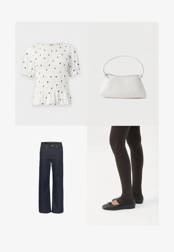 Hvid bluse med korte ærmer med sort lille blomstermønster, rynket krop, pufærmer og flæsekant forneden.; Mørk denim brede bukser med høj talje, som har fem lommer, kontrastsyning og en rå kant nederst.; Ben iført mørke ribbede leggings kombineret med sorte balletsko med små sløjfedetaljer på hvid baggrund.; Hvid fletlæderhåndtaske med afrundet håndtag og ender på remmen, der er knyttet, vist mod en ensfarvet baggrund.
