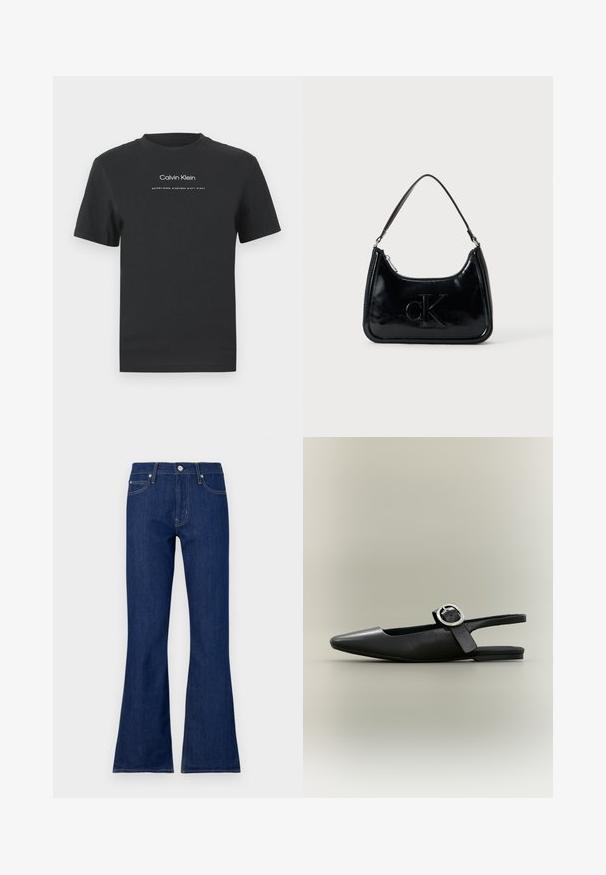 Must musta T-särk, millel on ümmargune kaelus, lühikesed varrukad ja valge trükitud "Calvin Klein" logo ning tekst "Asutatud 1968".; Tumedate sinised laiad teksad klassikalise nööbi ja tõmbluku kinnitusega, viie taskuga ning kontrastsete õmblustega. Valmistatud denimaproduktist.; Mustad terava ninaosaga tasane slingback-kinga hõbedase pandla ja madala kannaga neutraalsel taustal.; Must musta kott, millel on kaarjas ülemine käepide, lukuga sulgemine ja esiküljel tõstetud "cK" logo. Sile tekstuur, struktureeritud kuju.