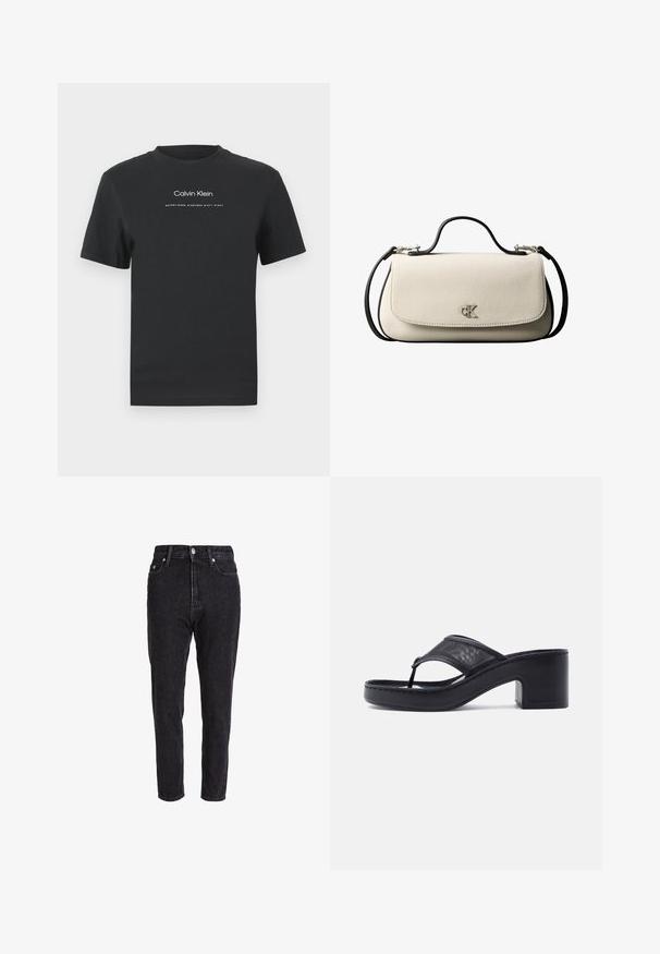 Must musta T-särk, millel on ümmargune kaelus, lühikesed varrukad ja valge trükitud "Calvin Klein" logo ning tekst "Asutatud 1968".; Mustad teksased kõrge vöökohaga, kitsenevad jalad ja klassikaline viie taskuga disain. Kangast tekstuur on veidi tekstureeritud ja vastupidav.; Mustad kõrgkontsaga varbavahe sandaal paksu kontsaga ja lai võrgustrapp jalal, taustal hele ühtlane pind.; Kreemikas ristkülikukujuline käekott musta rihma ja sangaga, esiküljel klapi sulgus ning väike hõbedane "cK" logo ees keskel.