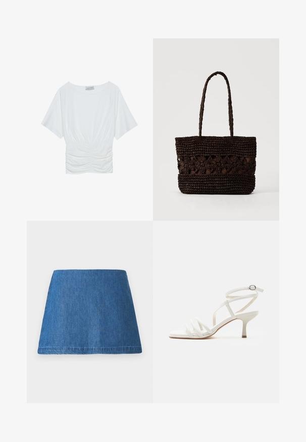 Hvid t-shirt med korte ærmer og en afslappet pasform, der har en samlet rynket design ved taljen og en glat stofstruktur. Mærke: Anna Field.; Denim mini nederdel i en mellemblå tone, med en klassisk A-form, ren kant og uden synlige udsmykninger eller mønstre.; Hvid damesandal med tynde hæle, tre stropper foran og en ankelrem med en sølvspænde.; Mørkebrun flettet taske med blomsterprint og to lange fletdet håndtag på en ensfarvet lys baggrund.