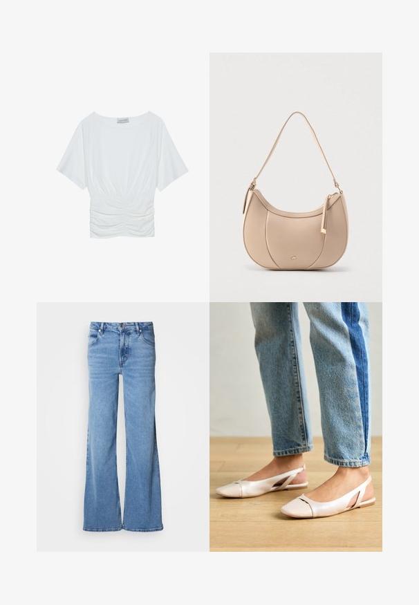 Hvid t-shirt med korte ærmer og en afslappet pasform, der har en samlet rynket design ved taljen og en glat stofstruktur. Mærke: Anna Field.; Lyseblå jeans med vid ben lavet af denim. Har et klassisk fem-lomme-design og synlig knaplukning. Blød tekstur og enkel finish.; Lyserøde slingback flade sko med spidse tær, lavet af et glat læderlignende materiale. Har udskæringsdetaljer på siderne og en flad hæl.; Beige skuldertaske i læder med halvmåneform, lynlåslukning øverst og en aftagelig rem. Har hardware i guldtoner og syninger som detaljer.