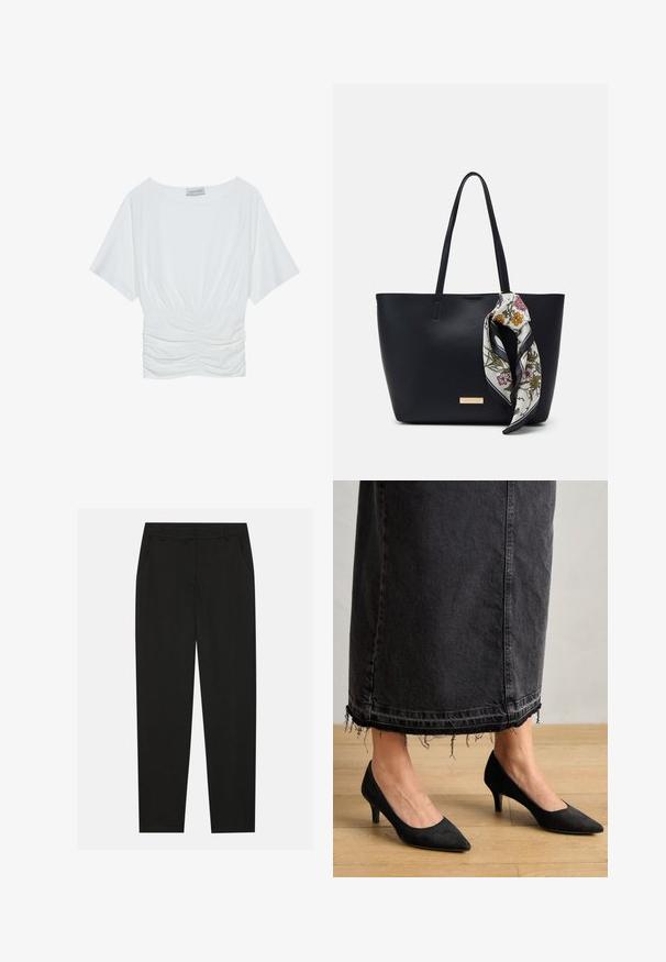 Haut blanc à manches courtes avec une coupe décontractée, présentant un design froncé à la taille et une texture de tissu lisse. Étiquette : Anna Field.; Pantalon noir au design ajusté, doté de poches latérales et d'une jambe droite. Fabriqué en tissu lisse et léger avec une finition élégante.; Escarpins en suede noirs avec un bout pointu et un talon de 3 pouces, associés à une longue jupe en denim foncé présentant des détails d'ourlet effilochés.; Sac fourre-tout en cuir noir avec deux poignées, orné d'une écharpe en soie florale attachée à la poignée et d'un accent logo métallique à l'avant.