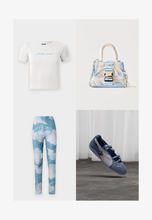 Hvid bomulds t-shirt med korte ærmer, med et lyseblåt "Santa Cruz" skriftlogo og hjertegrafik i midten.; Leggings med en blå denim baggrund og hvide sky mønstre. Stoffet synes strækbart med en tætsiddende design og ankel længde.; Blå og grå Puma flad sko med tre elastiske stropper, tekstureret sidepanel og hvidt Puma-logo, svævende over en betongulv.; Lille struktureret håndtaske med blå ruskind og beige netpaneler, topstrop indpakket i tekstureret materiale, front spændelukning og hvide snor-detaljer.