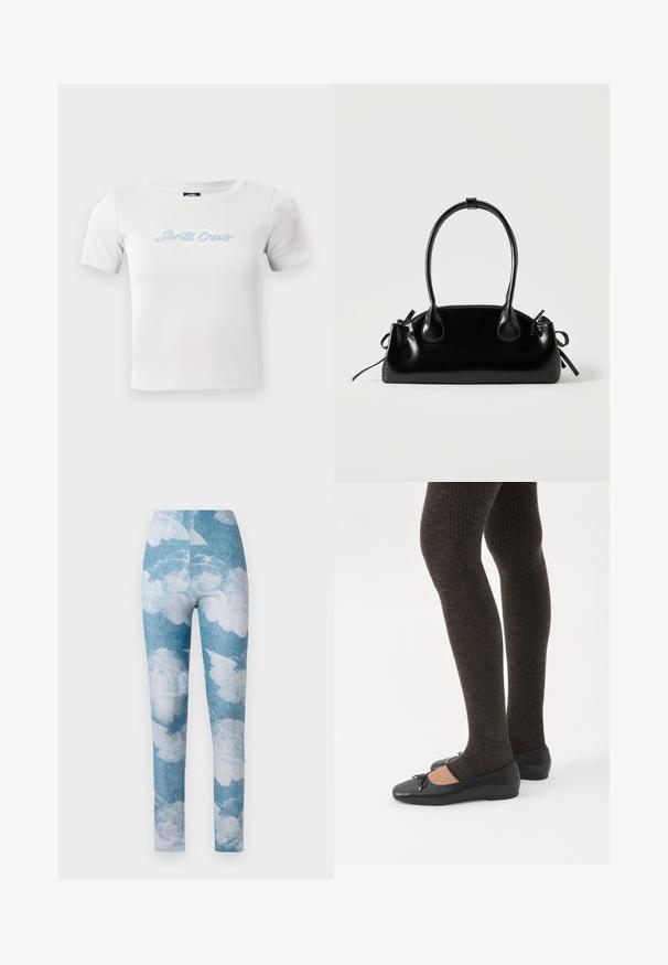 T-shirt en coton blanc à manches courtes, avec un logo en script "Santa Cruz" bleu clair et un graphique de cœur au centre.; Leggings avec un fond en denim bleu et des motifs de nuages blancs. Le tissu semble extensible avec un design ajusté et une longueur au niveau de la cheville.; Jambes portant des leggings côtelés foncés associés à des ballerines noires avec de petits détails en nœud sur fond blanc.; Petit sac à main noir brillant avec deux longues anses et des détails à cordon sur les côtés sur un fond clair uni.