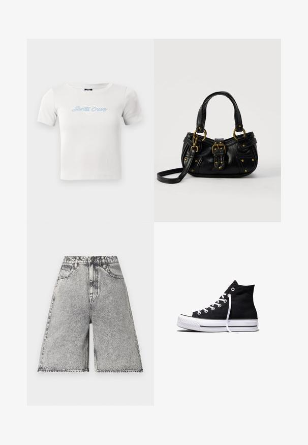 T-shirt en coton blanc à manches courtes, avec un logo en script "Santa Cruz" bleu clair et un graphique de cœur au centre.; Shorts en denim avec un motif délavé noir et gris, présentés avec une taille haute, des passants de ceinture et cinq poches. Les bords sont finis.; Baskets montantes en toile noire avec semelle en caoutchouc blanche et lacets blancs, vues de côté sur un fond blanc.; Sac à main en cuir noir avec boucle dorée et détails à rivets, poignées courtes et bandoulière réglable sur fond blanc uni.