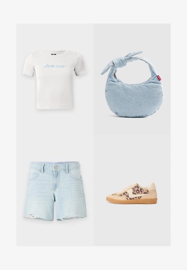 Camiseta de algodón blanca de manga corta, con un logo de script en azul claro que dice "Santa Cruz" y un gráfico de corazón en el centro.; Pantalones cortos de mezclilla azul claro con un dobladillo ligeramente desgastado, diseño de cinco bolsillos y cierre de botón. Textura sutilmente desvaída en toda la prenda.; Zapatillas de leopardo con parte superior de ante beige, suela de goma marrón y acentos blancos. Punta redonda y diseño con cordones con un acabado texturado.; Bolso de hombro de mezclilla azul claro con un detalle de nudo en la asa y una pequeña etiqueta roja de Levi's en el lateral.