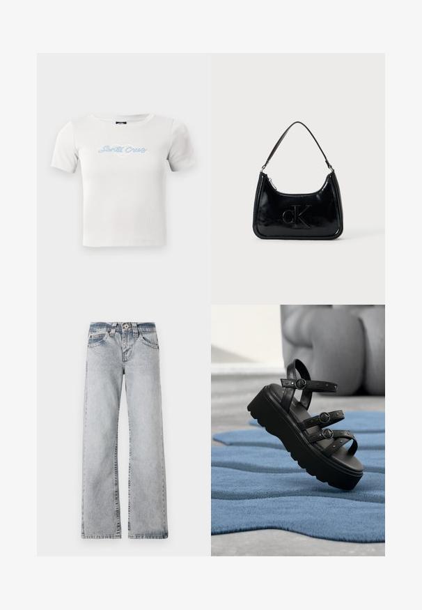 Hvid bomulds t-shirt med korte ærmer, med et lyseblåt "Santa Cruz" skriftlogo og hjertegrafik i midten.; Lyseblå denimjeans med vid benlængde. Standard talje, fem lomme-stil og synlige syninger langs sømmene.; Sort platform-sandal med tre justerbare remme med spænder, placeret på en tekstureret blå tæppe med sløret baggrund.; Sort patentlæder håndtaske med et buet topgreb, lynlåsslukning og prægede "cK" logo på fronten. Glat tekstur, struktureret form.