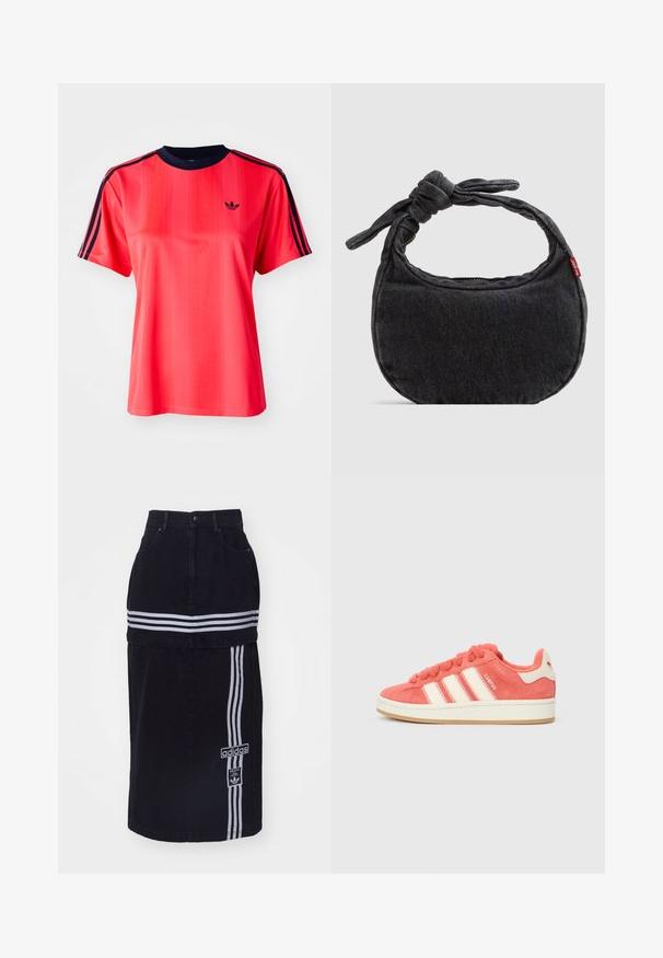 Camiseta deportiva roja de manga corta, con rayas verticales, cuello redondo color marino y un pequeño logo negro en la parte frontal.; Falda de mezclilla negra con cintura alta, que presenta dos rayas horizontales blancas, una etiqueta con el logo de Adidas en el lateral y un diseño de corte recto.; Zapatillas de ante rosa con rayas crema, cordones redondos y una lengüeta texturizada. Presenta una suela de goma y un logo en el talón.; Bolso pequeño de hombro de mezclilla negra con correa anudada y cierre de cremallera, con una etiqueta de tela roja de Levi's en el lateral.