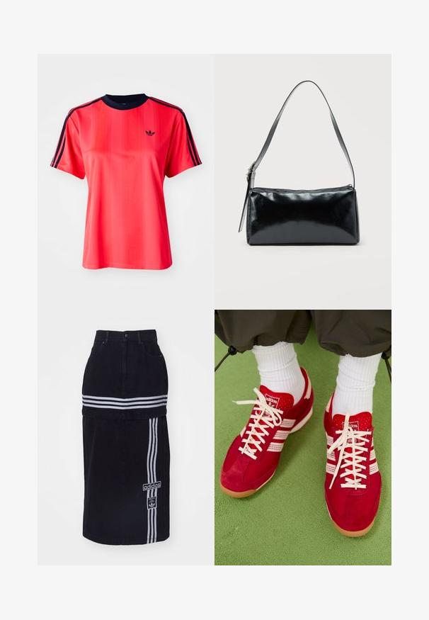 Rød sports t-shirt med korte ærmer, der har lodrette striber, en marineblå rund hals og et lille sort logo på forsiden.; Sort denimnederdel med høj talje, der har to hvide vandrette striber, et Adidas-logo på siden og et lige snit.; Røde ruskind og mesh sportssko med hvide striber og snørebånd. Gummisål. Båret med hvide ribbede sokker på en grøn tekstureret overflade.; Sort rektangulær skuldertaske med en enkelt justerbar rem og lynlås i toppen på en ensfarvet baggrund.