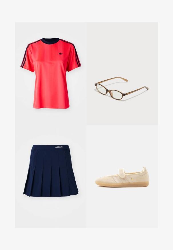 Rotes sportliches T-Shirt mit kurzen Ärmeln, das von vertikalen Streifen, einem marineblauen Rundhalsausschnitt und einem kleinen schwarzen Logo auf der Vorderseite geprägt ist.; Marineblauer Faltenrock aus leichtem Stoff; verfügt über einen elastischen Bund und eine kleine Reißverschlusstasche, mit einem weißen Adidas-Logo auf der Vorderseite.; Beiger Wildleder-Mary-Jane-Sneaker mit Klettverschluss, Gummisohle, drei aufgenähten Streifen und goldenem "SAMBA"-Logo an der Seite.; Braune Schildpatt-Brille mit ovalen Gläsern, dünnen Bügeln und transparenten Akzenten. Verfügt über ein dezentes Logo am Bügel. Elegantes, leichtes Design.