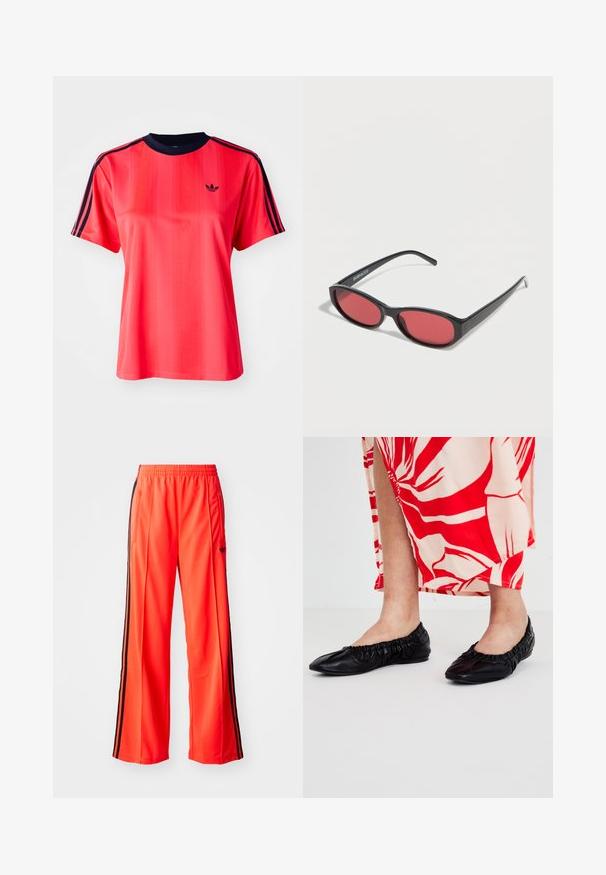Rød sports t-shirt med korte ærmer, der har lodrette striber, en marineblå rund hals og et lille sort logo på forsiden.; Lyse orange atletiske bukser med et bredt ben-design, har sorte sidelagner og en elastisk talje. Inkluderer en lynlåslomme.; Sorte læder balletflade med samlet elastisk kant, præget af en spids tådesign. Accepteret af en rød og cremefarvet mønstret kjole.; Sorte ovale solbriller med tynde arme og rødtonede linser, der ligger på en hvid overflade.