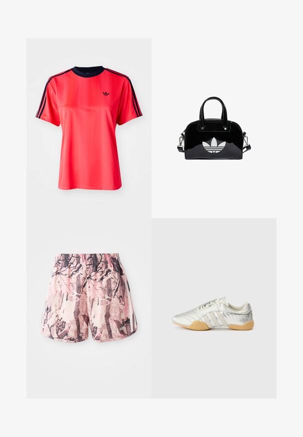 Rød sports t-shirt med korte ærmer, der har lodrette striber, en marineblå rund hals og et lille sort logo på forsiden.; Lyserøde og brune mønstrede shorts med elastisk talje og sidebånd, der har et grafisk design, der ligner løv og grene.; Sølvfarvet sportssko med en glat læderoverdel, gummisål og teksturerede detaljer. Har et buet design og tonede snørebånd.; Sort patentlæder håndtaske med rund form, to top-håndtag, sølvdetaljer og en fremtrædende hvid logo på fronten.