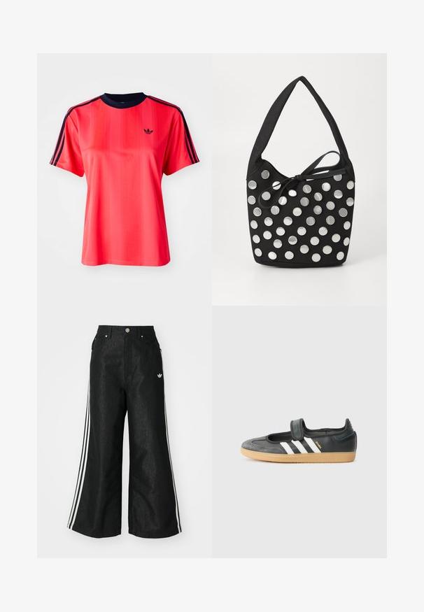 Camiseta deportiva roja de manga corta, con rayas verticales, cuello redondo color marino y un pequeño logo negro en la parte frontal.; Pantalones de denim anchos y negros con tres franjas blancas en cada lado y un pequeño logo blanco. Cuenta con bolsillos frontales y un cierre de botón.; Zapatilla de deporte de cuero negro y ante con una correa de Velcro, que presenta tres rayas blancas y una suela de goma, etiquetada "SAMBA" en el lateral.; Bolso de tela negro con forma redondeada, adornado con tachuelas metálicas circulares plateadas dispuestas en un patrón, y un detalle de tela atado.