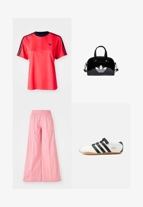 Rotes sportliches T-Shirt mit kurzen Ärmeln, das von vertikalen Streifen, einem marineblauen Rundhalsausschnitt und einem kleinen schwarzen Logo auf der Vorderseite geprägt ist.; Rosa weit geschnittene Hosen aus einem leichten Stoff, mit einem elastischen Bund und dezenten weißen Seitenstreifen. Kleines Logo auf der Vorderseite.; Weißer Adidas-Tokyo-Sneaker mit schwarzen Streifen, schwarzen Klettverschlüssen und Gummisohle, seitlich auf weißem Hintergrund dargestellt.; Schwarze Handtasche aus Lackleder mit abgerundeter Form, doppelten Tragegriffen, silbernen Akzenten und einem auffälligen weißen Logo auf der Vorderseite.