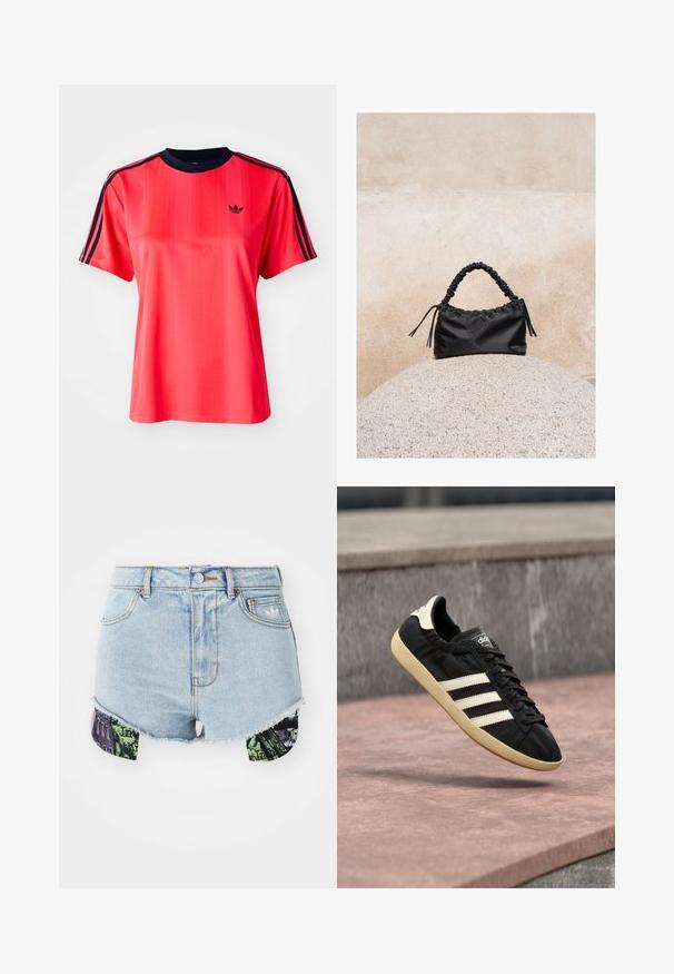 Camiseta deportiva roja de manga corta, con rayas verticales, cuello redondo color marino y un pequeño logo negro en la parte frontal.; Pantalones cortos de mezclilla en azul claro, con un dobladillo deshilachado y tela de patrón colorido en los laterales con imágenes y texturas urbanas.; Zapatilla negra Adidas con rayas blancas y suela beige, capturada en el aire sobre una superficie de piedra y con fondo de muro de piedra.; Bolso negro fruncido con asa recogida, apoyado sobre una esfera de piedra texturizada frente a una pared de hormigón beige.