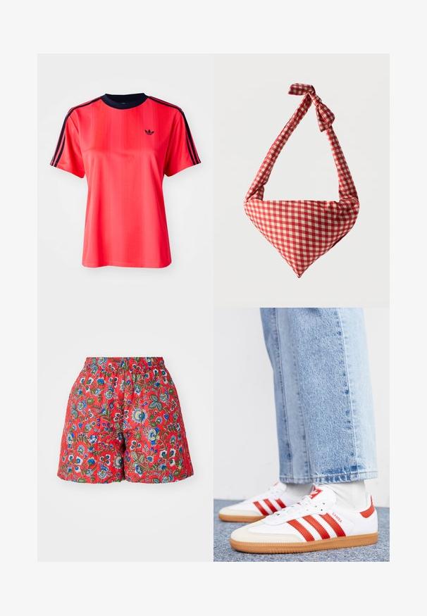 Rode sportieve t-shirt met korte mouwen, voorzien van verticale strepen, een marineblauwe ronde hals en een klein zwart logo op de voorkant.; Rode bloemen shorts met een elastische tailleband. Beschikt over blauw en groen bloemenpatronen, een zachte textuur en een relaxte pasvorm.; Witte leren sneakers met rode strepen en accenten. Voorzien van een getextureerde gumrubberen outsole en een gevoerde kraag. Draag ze met lichtblauwe denim.; Zachte stoffen schoudertas met rood-wit geruit patroon, geknoopte handgreep en driehoekige vorm tegen een effen achtergrond.