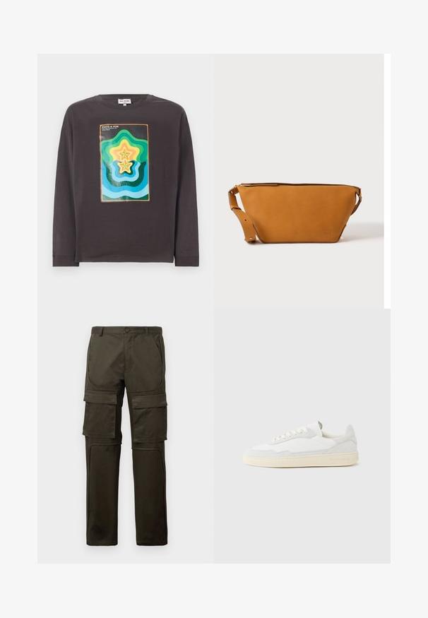 Mørkegrå langærmet t-shirt med et farverigt geometrisk design med bølger og stjerner i grøn, blå, gul og orange.; Mørke olivengrønne cargo bukser med flere store lommer foran og på lårene, knaplukning og syede knæpaneler mod en hvid baggrund.; Hvid sneakers med en øvre del i tekstureret ruskind og læder. Har rundet tå, snørelukning og kontrasterende beige gummisål.; Lys brun læder crossbody taske med justerbar rem og lynlås, vist mod en ensartet lys baggrund.