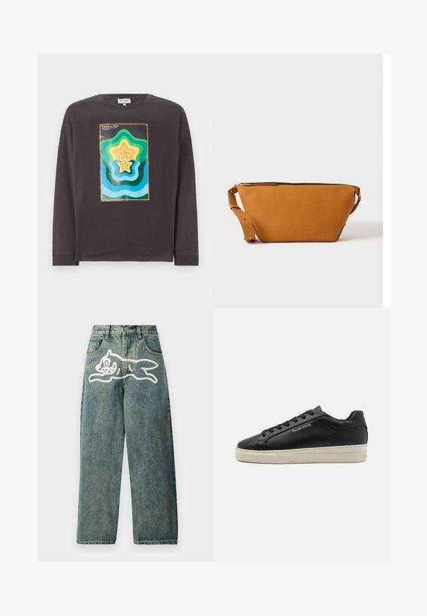 Mørkegrå langærmet t-shirt med et farverigt geometrisk design med bølger og stjerner i grøn, blå, gul og orange.; Lyseblå denimjeans med en løs pasform, der har et stort hvidt kattegrafik på venstre ben og et traditionelt femlomme-design.; Sorte lædersneakers med en glat finish, kontrasterende cremefarvet sål, rund tå, guld logo på siden og seks huller til snørebånd.; Lys brun læder crossbody taske med justerbar rem og lynlås, vist mod en ensartet lys baggrund.